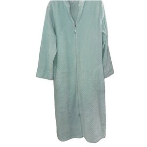 Miss Elaine  Zip-Front Long-Sleeve Fleece Quilted L Robe Sea Foam Green Cozy EUC